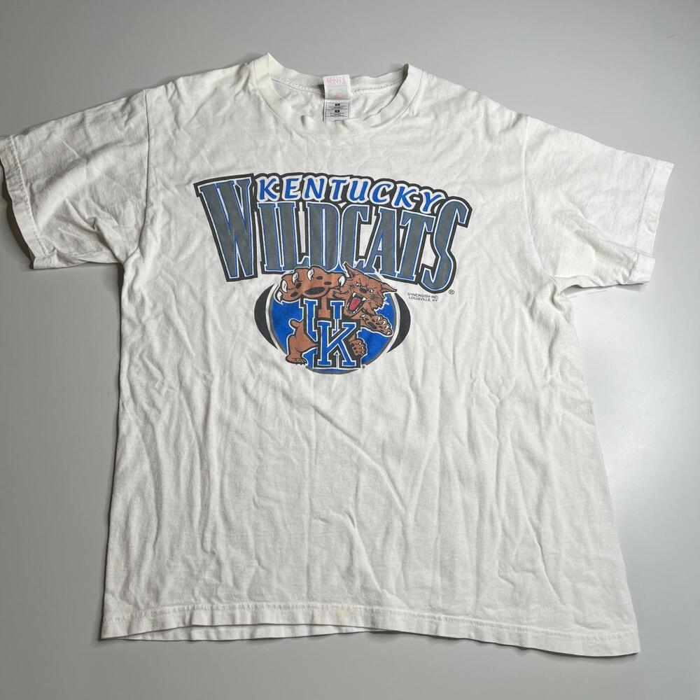 Vtg 90s Kentucky Wildcats NCAA T-Shirt White Sz L Synergism Inc Louisville KY